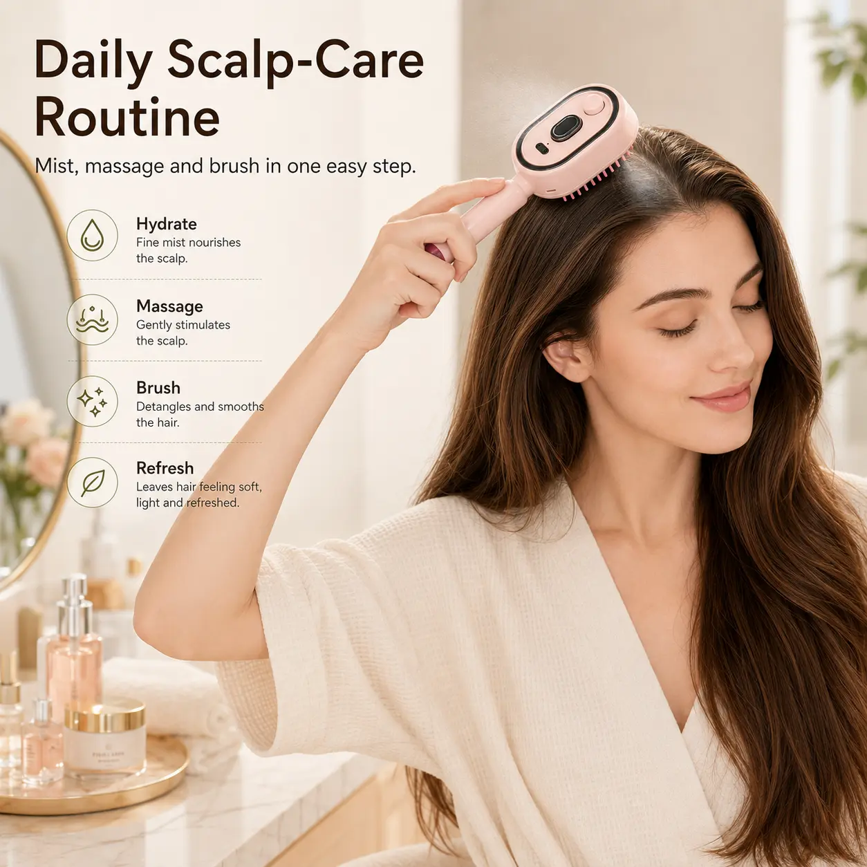 Electric Spray Air Cushion Hairbrush, 10mL Refillable Fine Mist Reservoir, Scalp Massage & Detangling Brush for Wet and Dry Hair, Portable Daily Hair Care Tool