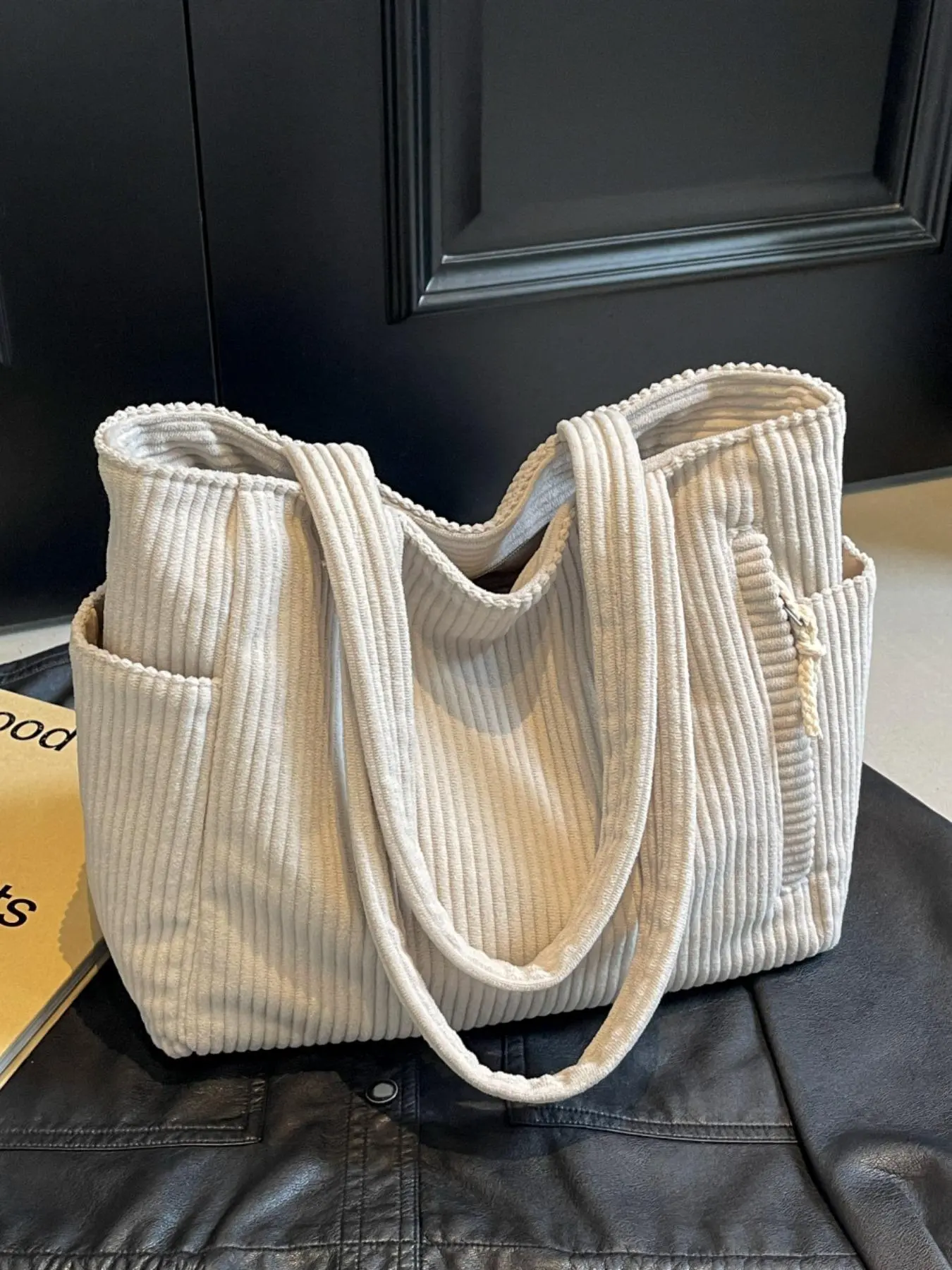 Women's Solid Color Corduroy Zippered Tote Bag, Casual Large Capacity Shoulder Bag for Daily Used, Trendy Versatile High-quality Daily Commuting Bag, Girl Fashionable Shopping Bag