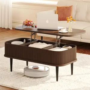 oneinmil  Lift Top Coffee Table for Living Room, Modern Fluted Coffee Table with Hidden Storage, Rectangle Center Table with Faux Marble Flip-Top for Home, Office, Walnut