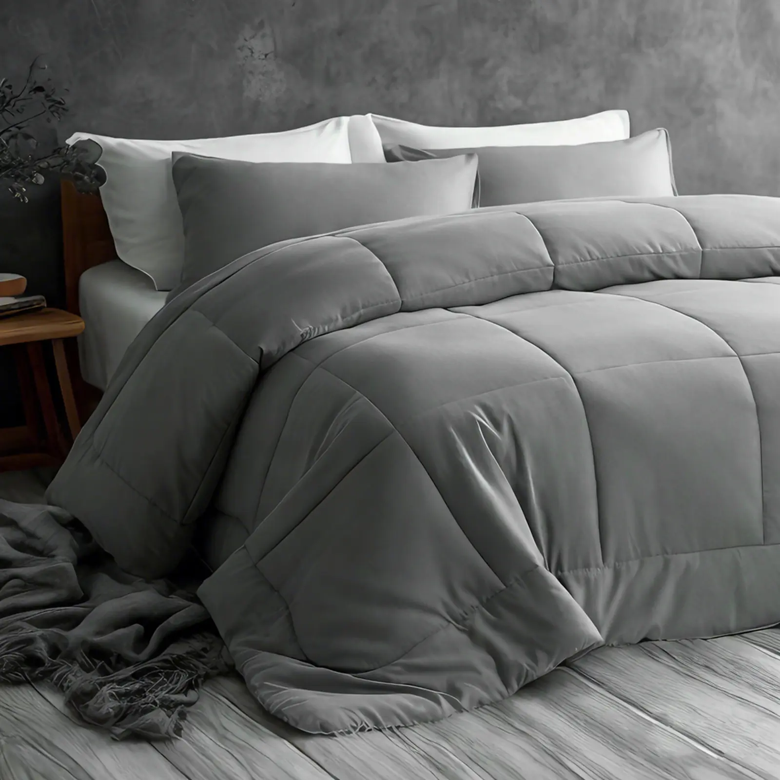 Smoke Gray Down-Alternative All-Season Ultra-Fine Fiber Box-Stitched Comforter - Hypoallergenic, Breathable, Luxurious, Easy-Care, Machine Washable with Corner Loops, Anti-Fading Duvet