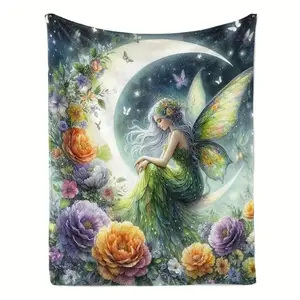 Enchanting Moon Fairy & Floral Print Flannel Blanket - Soft, Cozy, And Sensual Design With Green Wings, Long Hair, And Vibrant Flowers - Perfect For Thanksgiving, Christmas, And Year-Round Use On Sofas, Couches, Beds, And Travel, Fairy Garden Decor