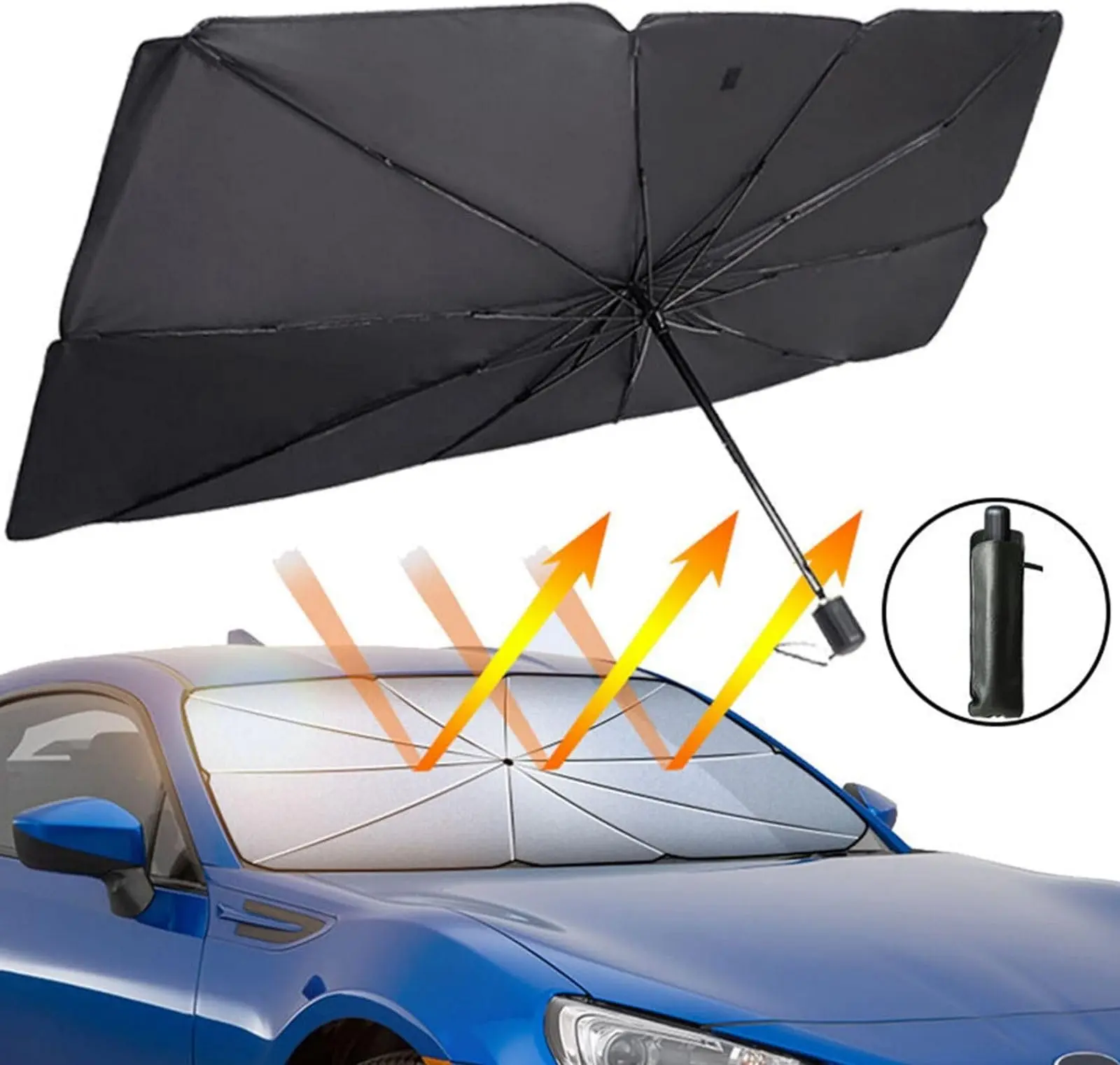 【Summervibes】57.09"x33.46" Titanium Silver Foldable Car Front Windshield Sun Shade Umbrella with Storage Bag for Sunlight Blocking