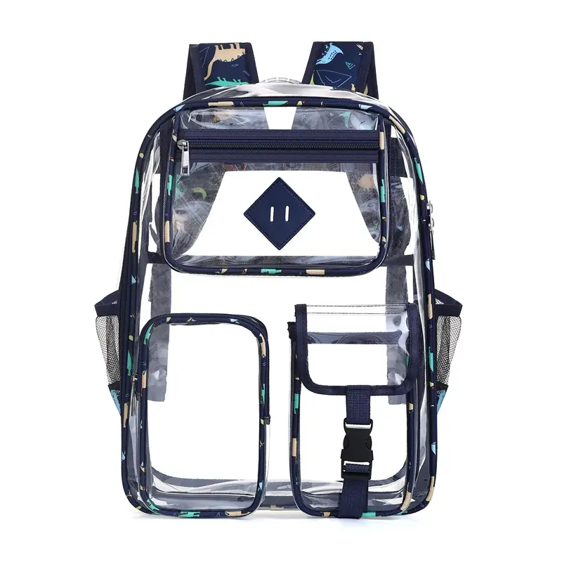 Clear Backpack Stadium Approved, Dinosaur Print Transparent PVC Bookbag for Teens, Waterproof See Through School Bag with Multi Pockets, Heavy Duty Clear Bag for Stadium Events