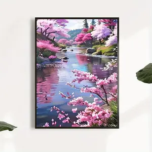 Cherry Blossom Stream Pattern DIY Diamond Arts Colorful Painting Kit without Frame, DIY 5D Diamond Arts Colorful Painting for Bedroom Home Wall Decor