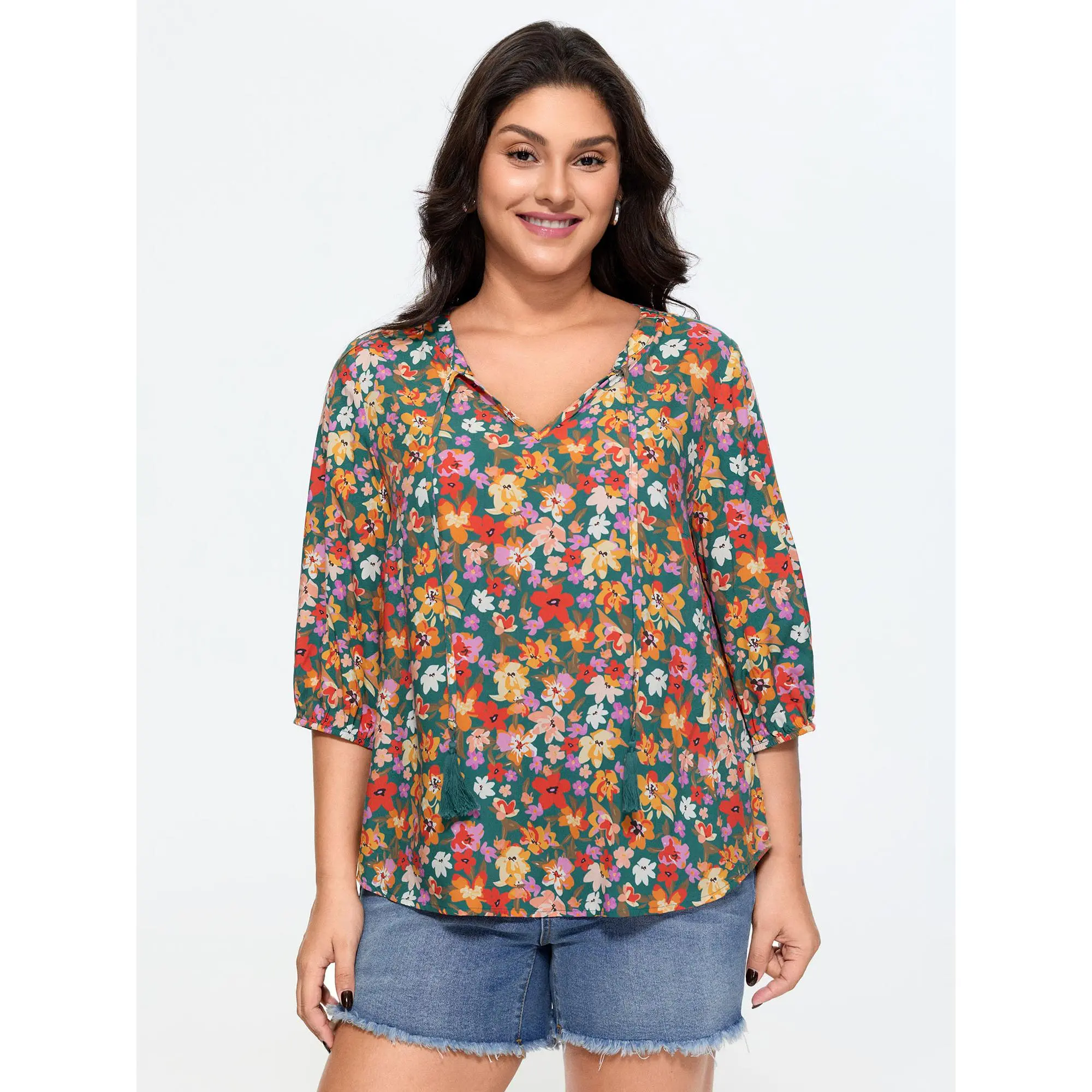 BLOOMCHIC Plus Size Supersoft Floral Print Tassel Neckline Blouse [M-6X] 2026 Summerfinds