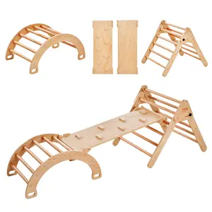 【Summervibes】VEVOR Pikler Triangle Set, 5 in 1 Toddler Climbing Toys Indoor Playground, Ramp, and Arch, Montessori Climbing Set with Triangle, Large Size Wooden Climbing Gym for Toddlers 1-3 Years, Wood Color