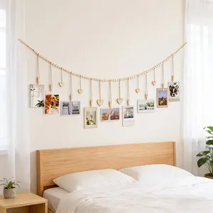 Boho Photo Display Hanger, Wall Hanging Picture Frame with Wooden Beads, Clips & Heart Tags, Bohemian Wall Art for Home Decor