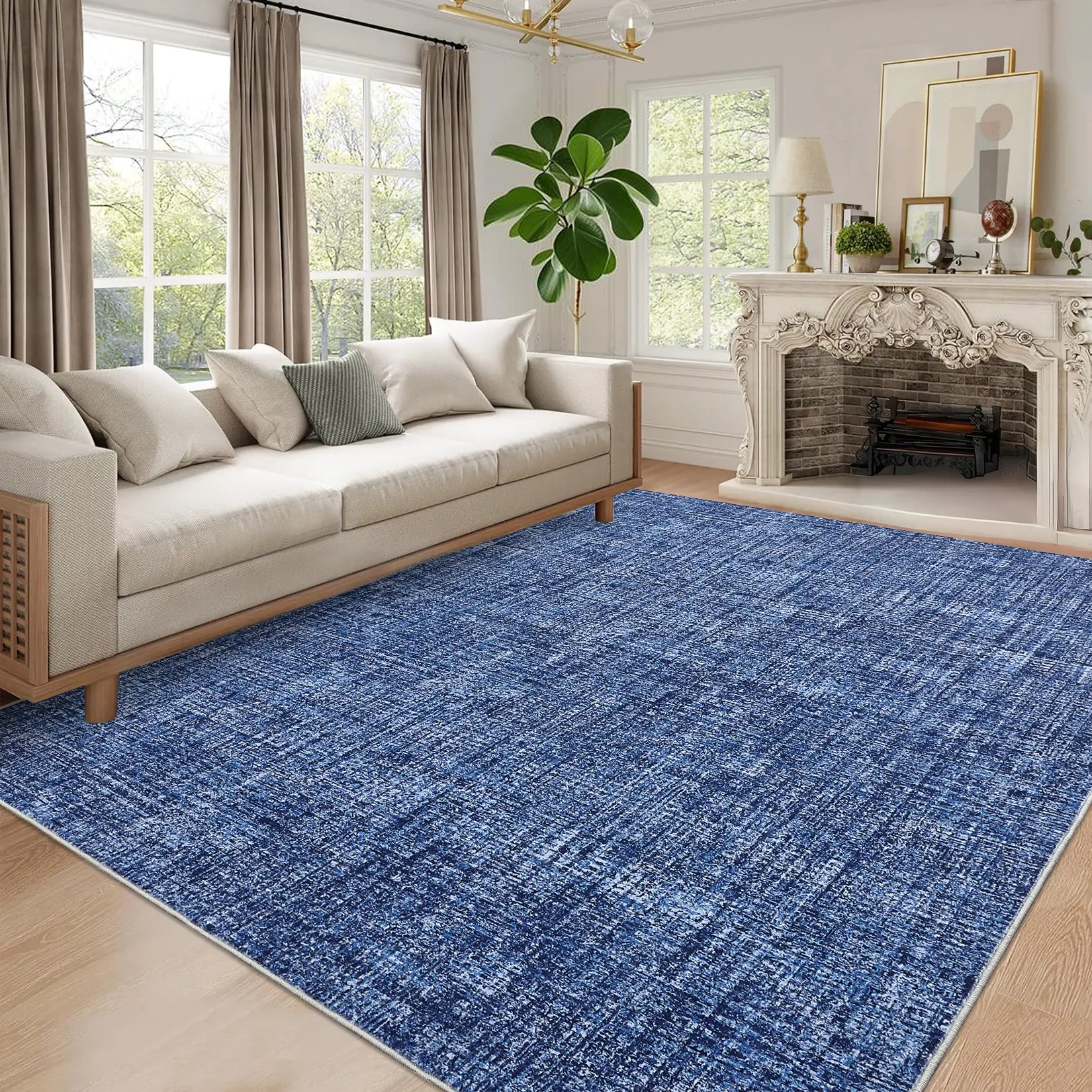 Modern Solid Color Textured Low-Pile Machine Washable Casual Flat Weave Area Rug - Non-Slip Backing Home Decorative Room Decoration Rug for Bedroom, Living Room, Casual Area Rug