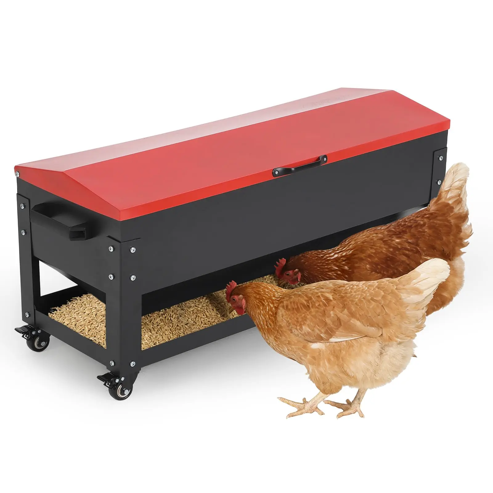 YJ-Garvee Metal Chicken Feeding Box, Large Capacity, Portable Galvanized Steel Feeder, Waterproof Lid, No Waste Automatic Poultry Feeder for Ducks, Hens and Roosters, Standing Design for Chicken Coop, Red
