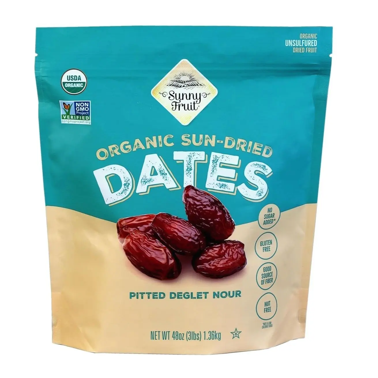 ORGANIC Pitted Dates (Deglet Nour) - Sunny Fruit 48oz Bulk Bag (3 lbs) | NO Added Sugars, Sulfurs or Preservatives | NON-GMO, VEGAN, HALAL & KOSHER