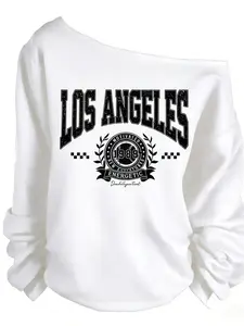Los Angeles 1989 Off Shoulder Sweatshirt, Vintage Varsity Graphic Slouchy Pullover, Casual Y2K Streetwear for Fall & Everyday Outfits, Trendy Oversized Off-the-Shoulder Top