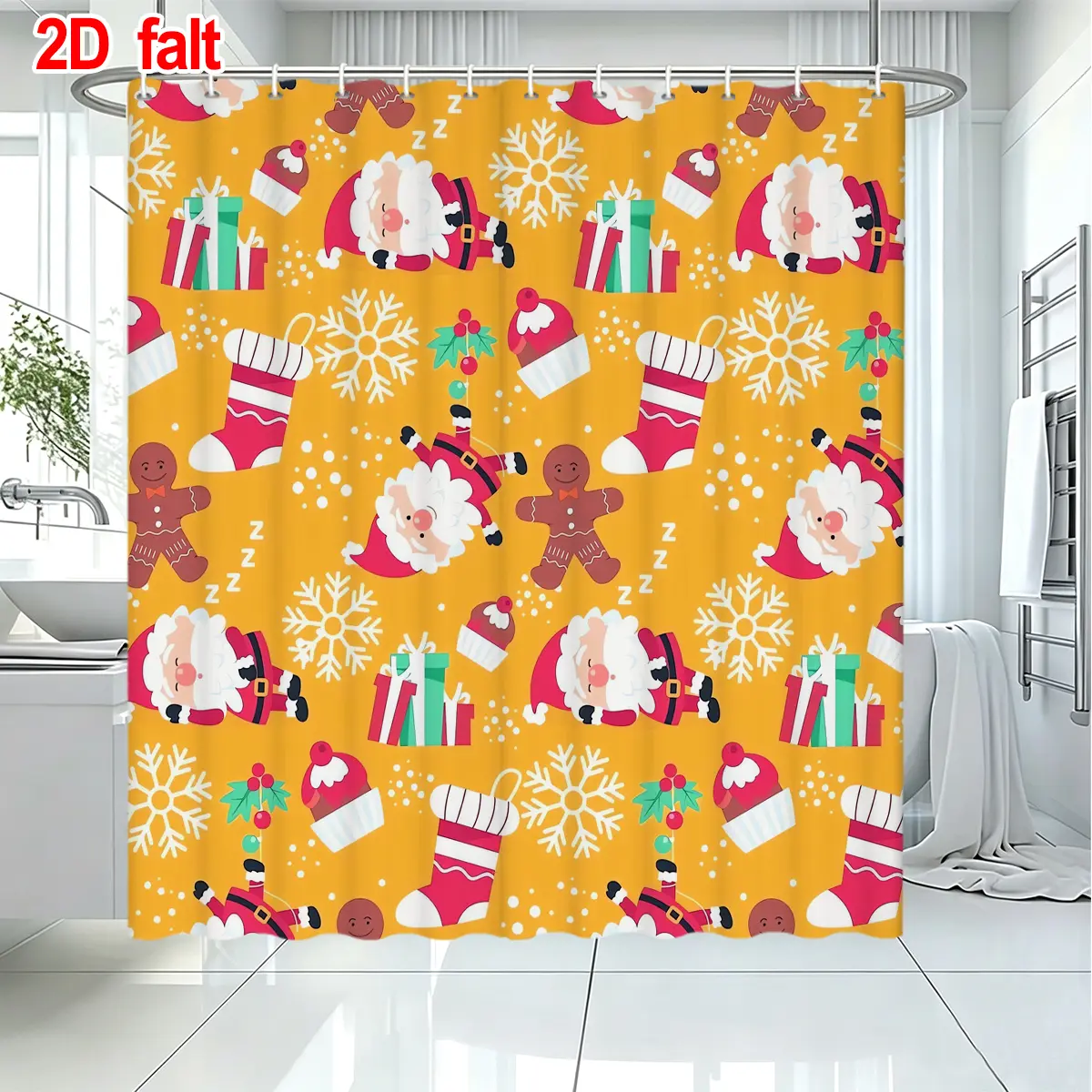 2D Flat 1PC Santa Claus gingerbread man Pattern Shower Curtain, Polyester Shower Curtain With 12 Hooks, Room Decor, Bathroom Accessories Set, Bathroom Decoration 71X71 Inch, Perfect Gift For Family And Friends
