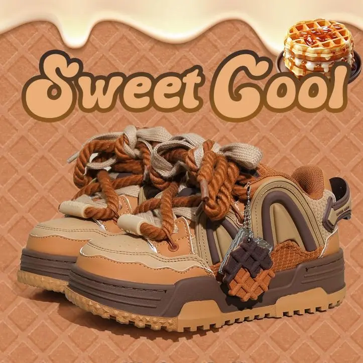 Q-AND All Gender Chunky Platform Skate Shoes | Caramel Mocha Color Block Thick Rope Lace Sneakers with Waffle Charm, Niche Original Sweet Cool Streetwear Thick Sole Casual Shoes for Men and Women