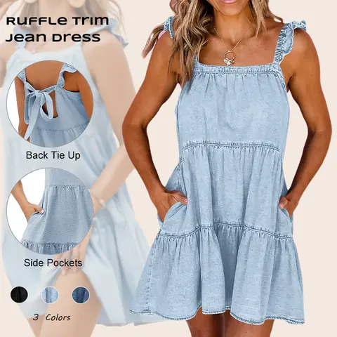Imily Bela Womens Summer Denim Dress Square Neck Ruffle Trim Sleeveless Babydoll Dress Flowy Jean Dress with Pockets