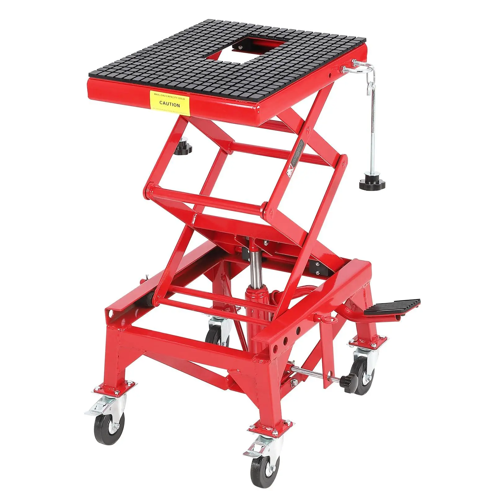 GAOMON Heavy-Duty Steel Frame Hydraulic Motorcycle Scissor Jack Lift, 350 lbs Capacity, 13.3-33.4 in Range, Foot Pedal, 4-Wheel Wide Stand, Wide Deck J-Hooks for Dirt Bike, ATV, Red