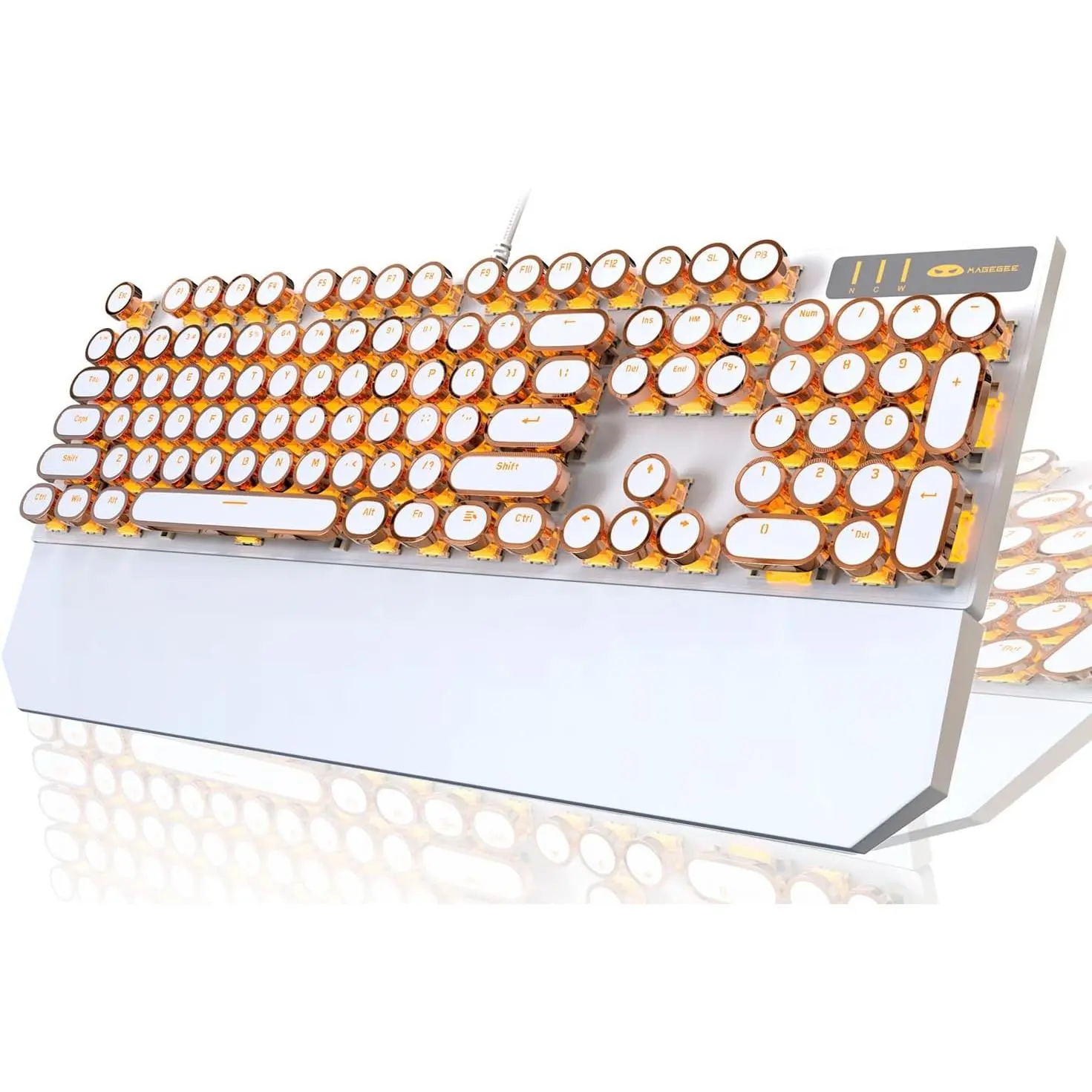 Typewriter Style Mechanical Keyboard, Retro Punk Gaming Keyboard with  LED Backlit, Cute Wired Keyboard,104  Full Size Keyboard, Uique Round Keycaps for Windows//PC(White&)