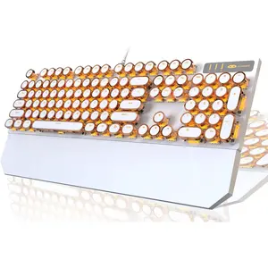 Typewriter Style Mechanical Keyboard, Retro Punk Gaming Keyboard with  LED Backlit, Cute Wired Keyboard,104  Full Size Keyboard, Uique Round Keycaps for Windows//PC(White&)