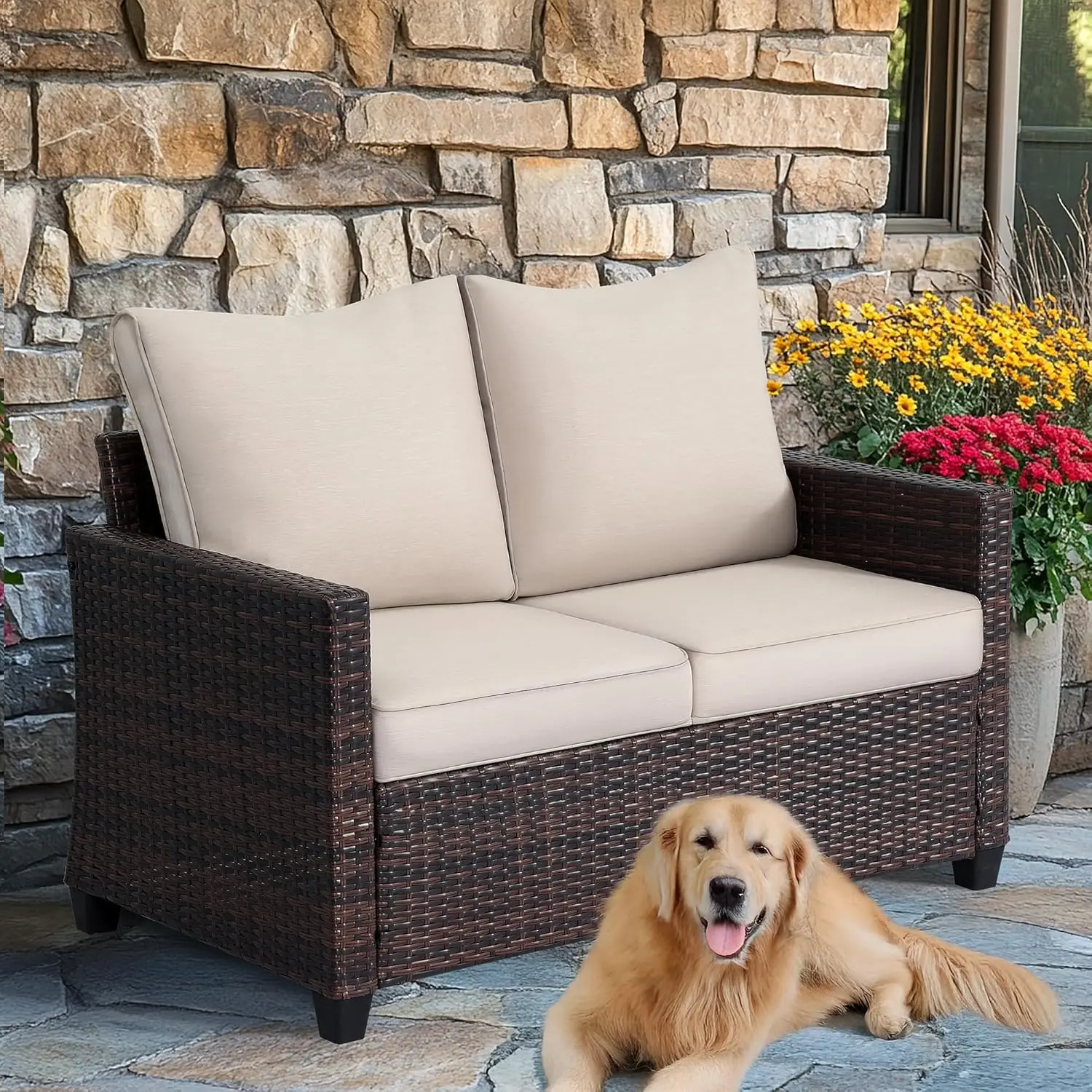 EortheX 2-Seater Outdoor Wicker Sofa - 1-2 People Dual Lounge, Fixed Arms, Ergonomic Contouring, Sturdy All-Weather Patio Loveseat, Rustproof Metal Frame, Quick-Dry Water-Resistant Cushions, Deep Seat, Modern 5-Minute Cleanup Garden Balcony Furniture