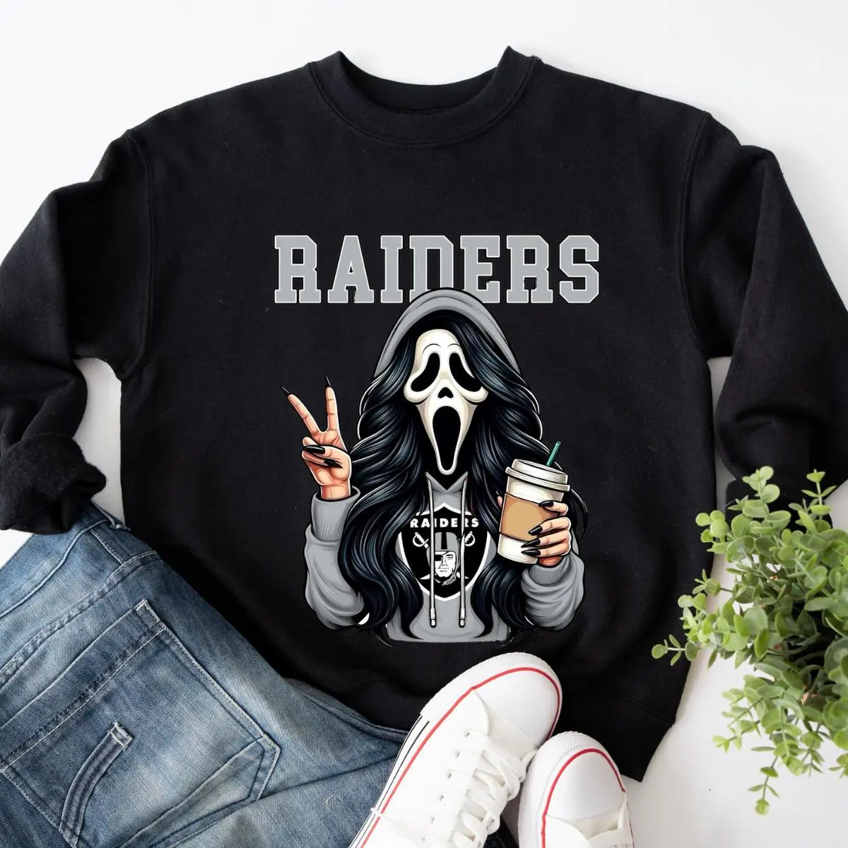 Cute Spooky Mask Graphic Pullover, Cozy Scary Season Streetwear for Women, Fun Halloween Outfit, Trending Halloween Cotton Womenswear