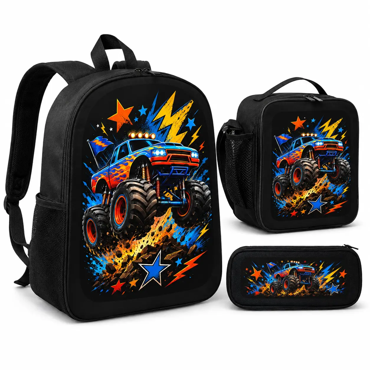 Monster Truck Backpack Set for Kids, 3 Piece School Bag with Insulated Lunch Bag and Pencil Case, Durable 600D Oxford Bookbag Fits 15 Inch Laptop, Lightweight Travel Backpack for Boys Girls Teens, Elementary and Middle School