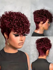 Women's Remy Human Hair Wig 8 Inch Pixie Cut with Bangs - 99J Dark Red/ Burgundy Curly Wave,Looking Lace-Free Rose Net, Glueless for Daily Wear, Cosplay & Parties