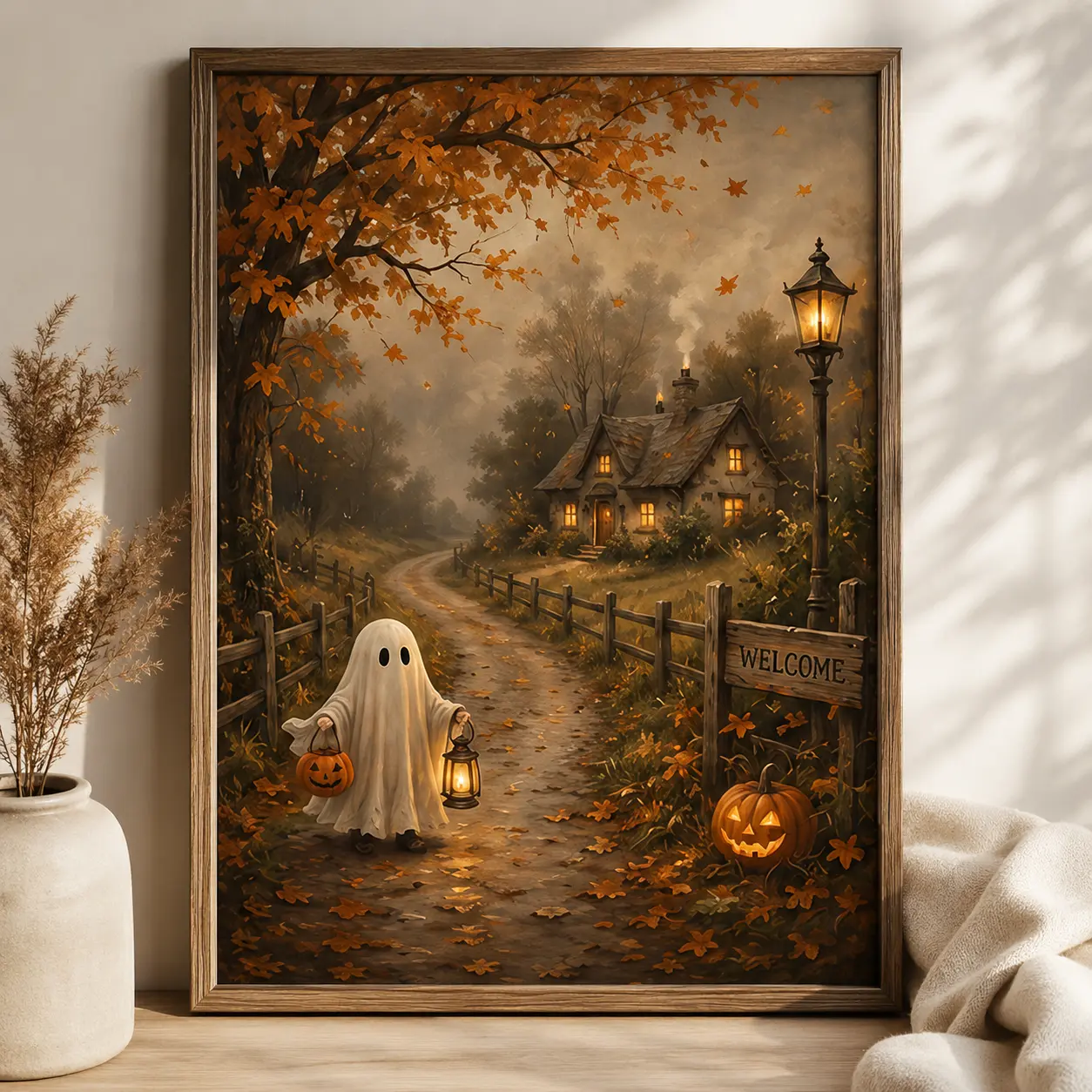 Vintage Halloween Ghost Artwork - Autumn Pumpkin Patch Landscape Poster, Farmhouse Cottagecore Fall Decoration, Spooky Season Print for Room, Halloween Gift, Artistic