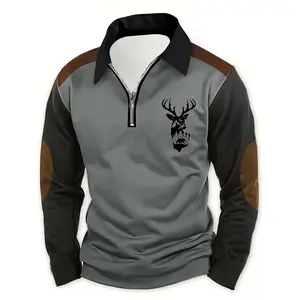 Men's casual deer head print double contrasting color long sleeved zipper polo shirt with half zipper collar outdoor shirt, machine washable dual color polyester fiber, very suitable for leisure activities in spring, autumn and winter festivals, gifts for