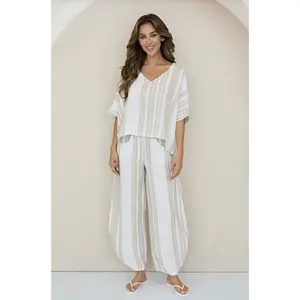 Milio Milano 100% Linen Stripe Matching Set | White & Beige