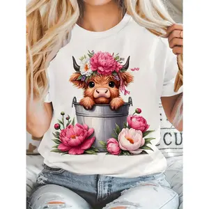 Women's Adorable Highland Cow Floral Print Short-Sleeve T-Shirt, Round Neck Casual Top, All-Season Machine Washable Comfort Fit, Breathable Soft Fabric