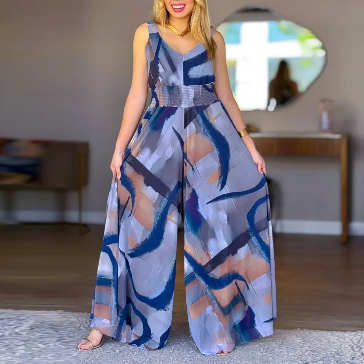 CHICME Women's Vintage Abstract Oil Painting Print V-Neck Stretchy Thick Straps High Waist Backless Overalls Casual Shirred Waist Cinched Waist Wide Leg Jumpsuit