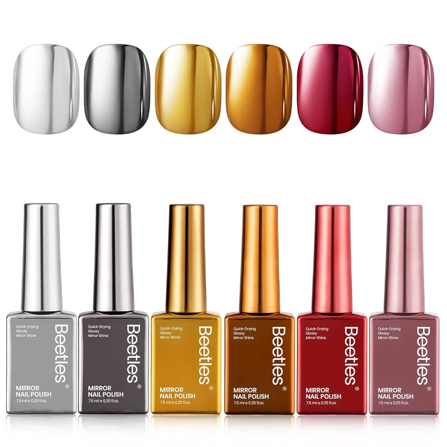 beetles Gel Polish Metallic Nail Polish Set, 6 Colors 7.5ML, Quick Dry with Mirror Shine for Glamorous Chrome Nails, Manicure Gift Set