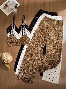 Women's Leopard Heart Cherry Print Comfortable Long Pants Set, Casual Fashion Set for All Seasons Wear