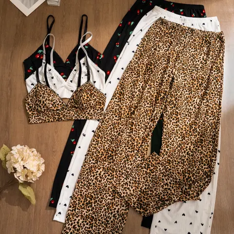 Women's Leopard/Heart/Cherry Print Comfortable Fitted Underwear Sets, Lingerie Bralette & Long Pants Set, Casual Fashion All Seasons Wear