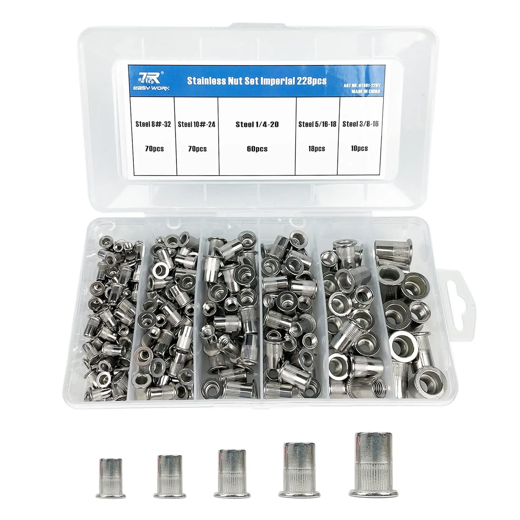 228PCS Stainless Steel Rivet Nuts Kit  SAE UNC Assortment 8#-32 10#-24 1/4"-20 5/16"-18 3/8"-16 Flat Head Threaded Insert Nut Rivets