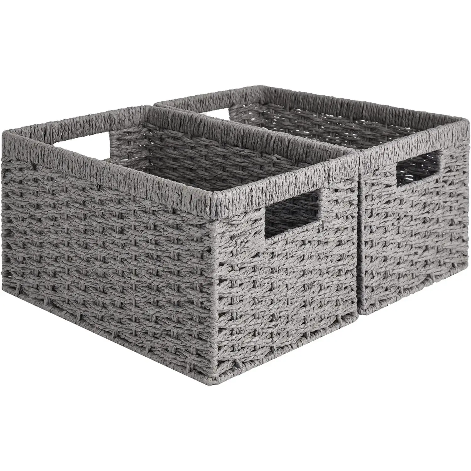 2-Pack Multi-Purpose Handmade Storage Organiser Baskets - Gray Paper Rope Round & Wicker Rectangular Baskets with Handwoven Craftsmanship, Built-in Handles, Eco-Friendly Recyclable Synthetic Durable Home Organizers for Books, Bathroom Storage