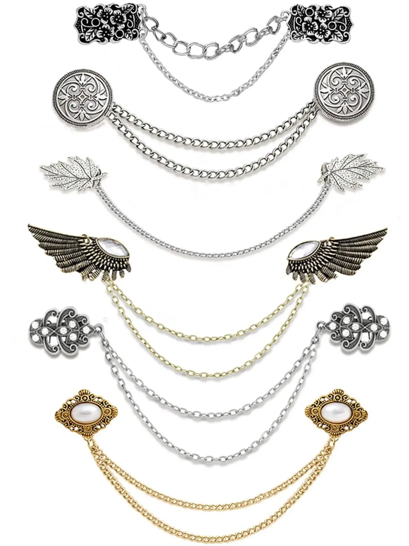 6 Pcs Cardigan Clip Chain Brooch Set Vintage & Edgy Style (Multi-Design: Wing/Flower/Leaf, Detachable Chain, Secure Clip-On Design) for Women & Girls (Cardigan/Coat Styling, Daily Wear & Vintage Fashion Looks)