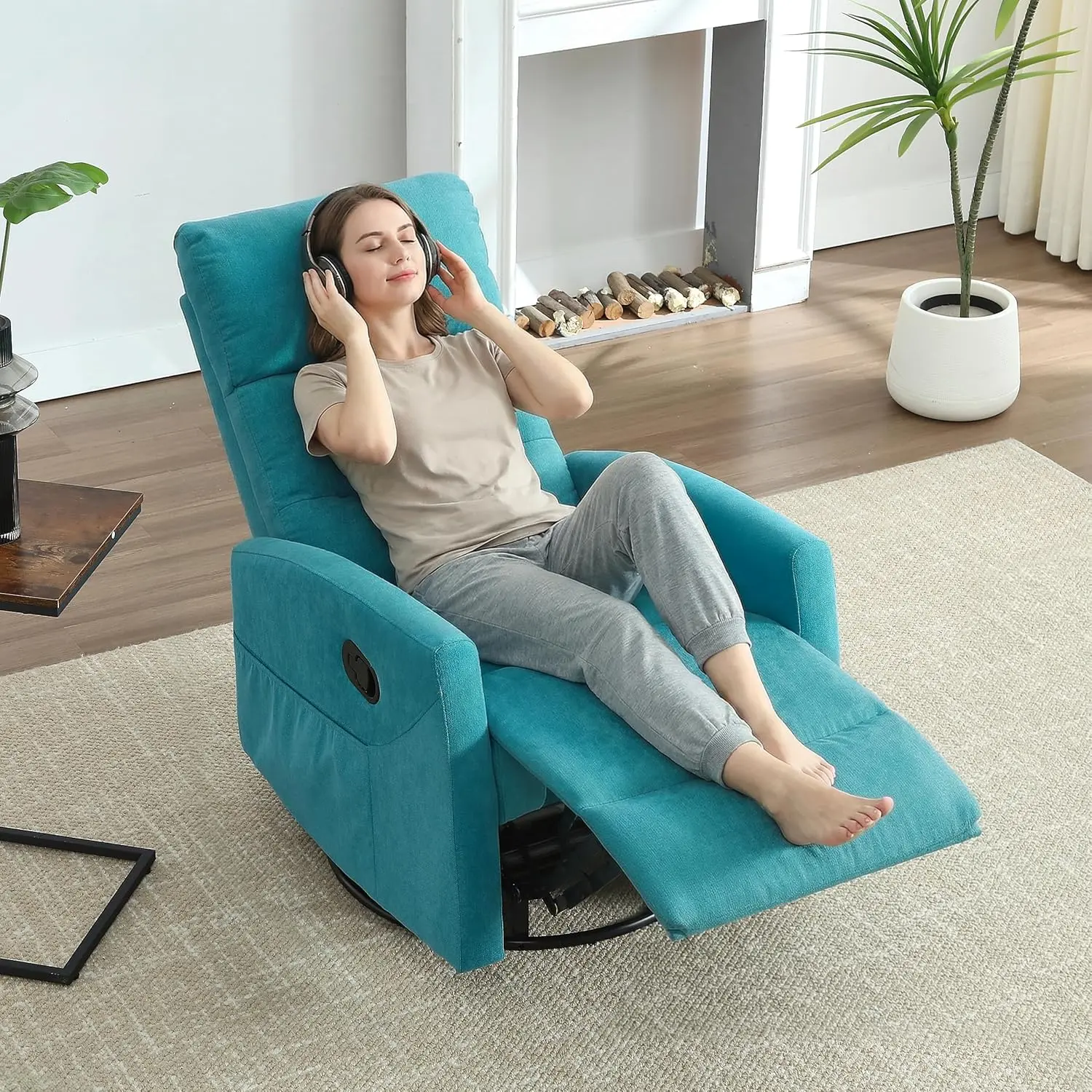 Manual Recliner Chair, 360° Swivel Glider and Rocker Recliner with 155° Recline, Compact Fabric Recliner for Small Space, Nursery, Living Room, Bedroom, No Tools Assembly (Blue)