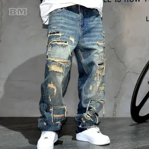 Mens Ripped Baggy Jeans Distressed Streetwear Skateboard Pants Straight Leg Patchwork Oversized Urban Fashion Workwear Menswear Asian
