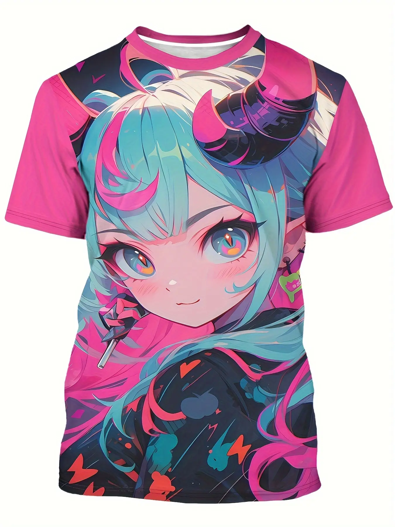 Men's and women's anime graphic demon Round neck T-shirts, Fitted, Casual, Japanese anime beauty, light blue and pink loli, glossy finish, breathable polyester blend, machine washable, summer fashion, bold print design