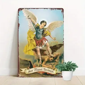 1pc Vintage Metal Wall Art - 30x20cm Saint Michael Archangel Battling Scene, Religious Motif, Waterproofed, Dustproof, High Quality Craftsmanship, Spiritual Home Decor for Bedroom, Office, Symbol of Good Over Evil Victory