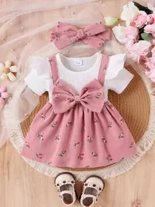Cherry Baby Girl 2-Piece Set Flower Fake Two-Piece Ultra Large Bow Tie Sleeve Stripe Dress with Matching Hairband