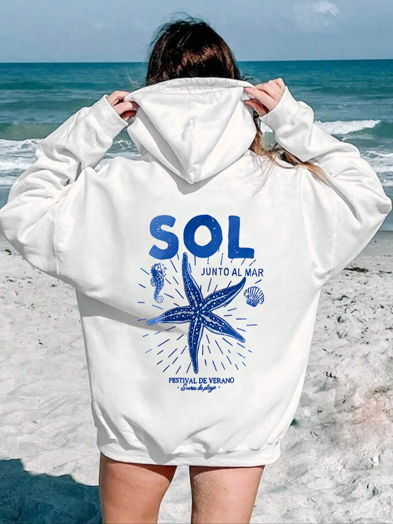 Chic Women's Starfish Print Hoodie with Drawstring Detail & Pocket, Casual Long Sleeve Pullover, Fall Winter Wear