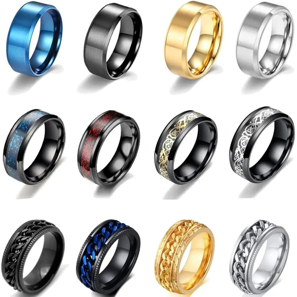 Men’s & Women’s 12Pcs 8mm Stainless Steel Stress Rings, Dragon Pattern Polished Fidget Chain Spinner Anxiety Relief Set (Sizes 7-11)