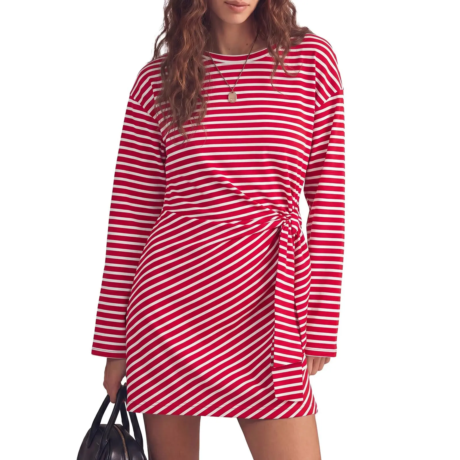 Fisoew Women’s Striped Stretchy Breathable Long-Sleeve Crew Neck Bodycon Mini Dress - Adjustable Tie-Waist Slim-Fit Style for Fall Day Wear, Chic, Comfortable