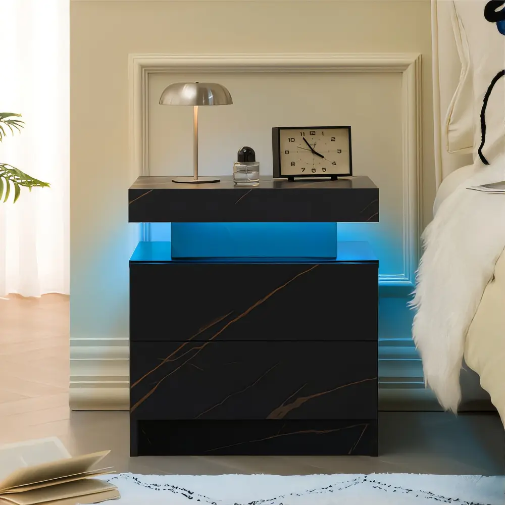 LED Nightstand, Modern End Side Table with 2 Drawers, Bedside Cabinet for Bedroom, Dark Gray