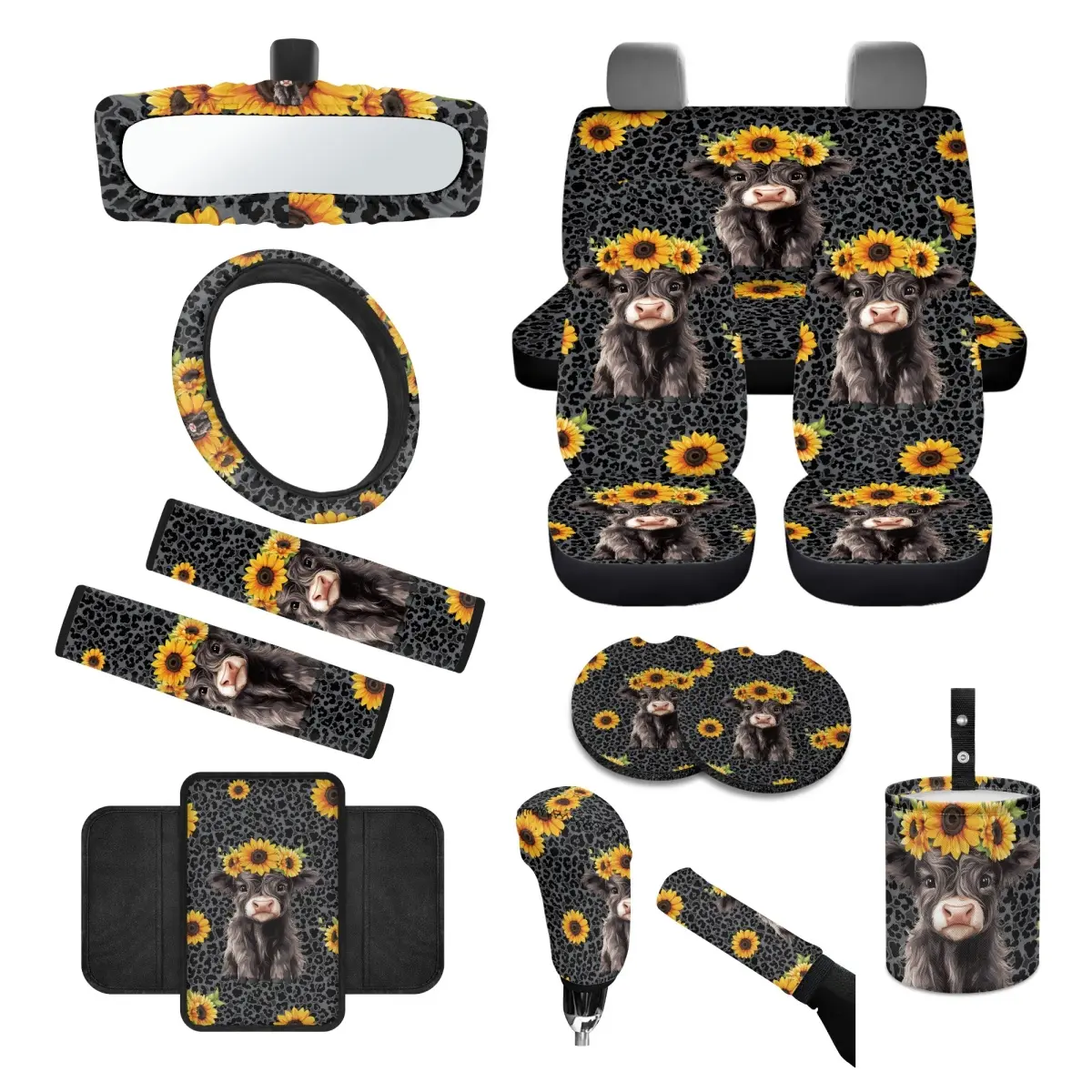 14pcs Cute Highland Cow and Sunflowers Design Seat Covers Accessories Suitable for Men and Women, Steering Wheel Cover, Armrest Cover, Coaster, Safety Belt Pad, Gear Knob and Handbrake Cover for Men and Women, Auto Stylish Car Decor Car Interior Kit