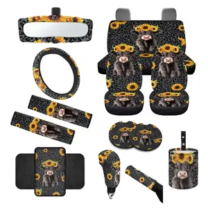 14pcs Cute Highland Cow and Sunflowers Design Seat Covers Accessories Suitable for Men and Women, Steering Wheel Cover, Armrest Cover, Coaster, Safety Belt Pad, Gear Knob and Handbrake Cover for Men and Women, Auto Stylish Car Decor Car Interior Kit