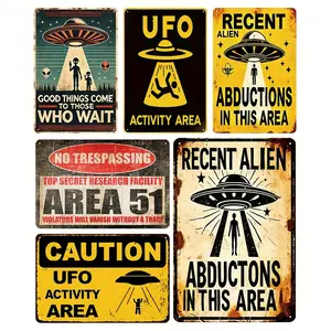 6pcs Vintage UFO Metal Tin Sign Set - Retro Sci-Fi Art, 8x12in Funny Alien Warning, Distressed Finish Home Decor Products for Bar, Ideal Gift