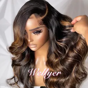 Wellyer 13x6 Ombre Lace Front Wig – 1B/30 Black & Light Brown Body Wave, 180% Density, Pre-Plucked Hairline, Bleached Knots for a Stylish and Retro Look, Ideal for Makeup and Special Occasions