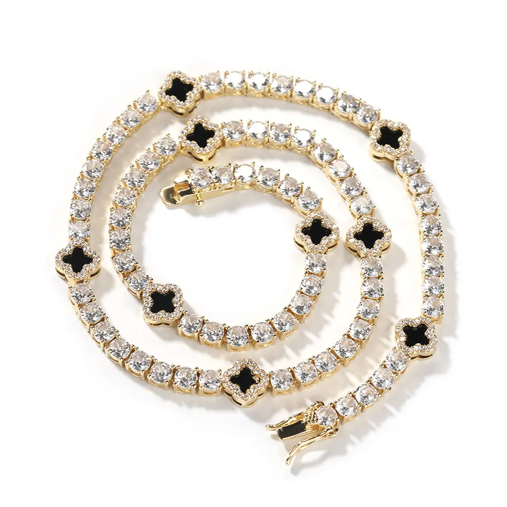 Women's & Men's Gold-Tone Brass Baroque Tennis Chain Necklace/Bracelet - Black 4-Leaf Clover Zircon Accents, Multi-Size Everyday Wear Costume Jewelry Accessory